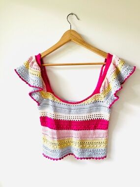 Sincerely Jules Crochet Striped Flutter Sleeve Crop Top - Boho Festival
